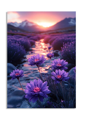 Purple flowers by a stream with a sunset over mountains, as a premium aluminum metal print from GoMetalPrint.
