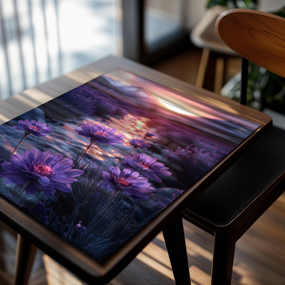 Purple flowers by a stream with a sunset over mountains, as a premium aluminum metal print from GoMetalPrint.
