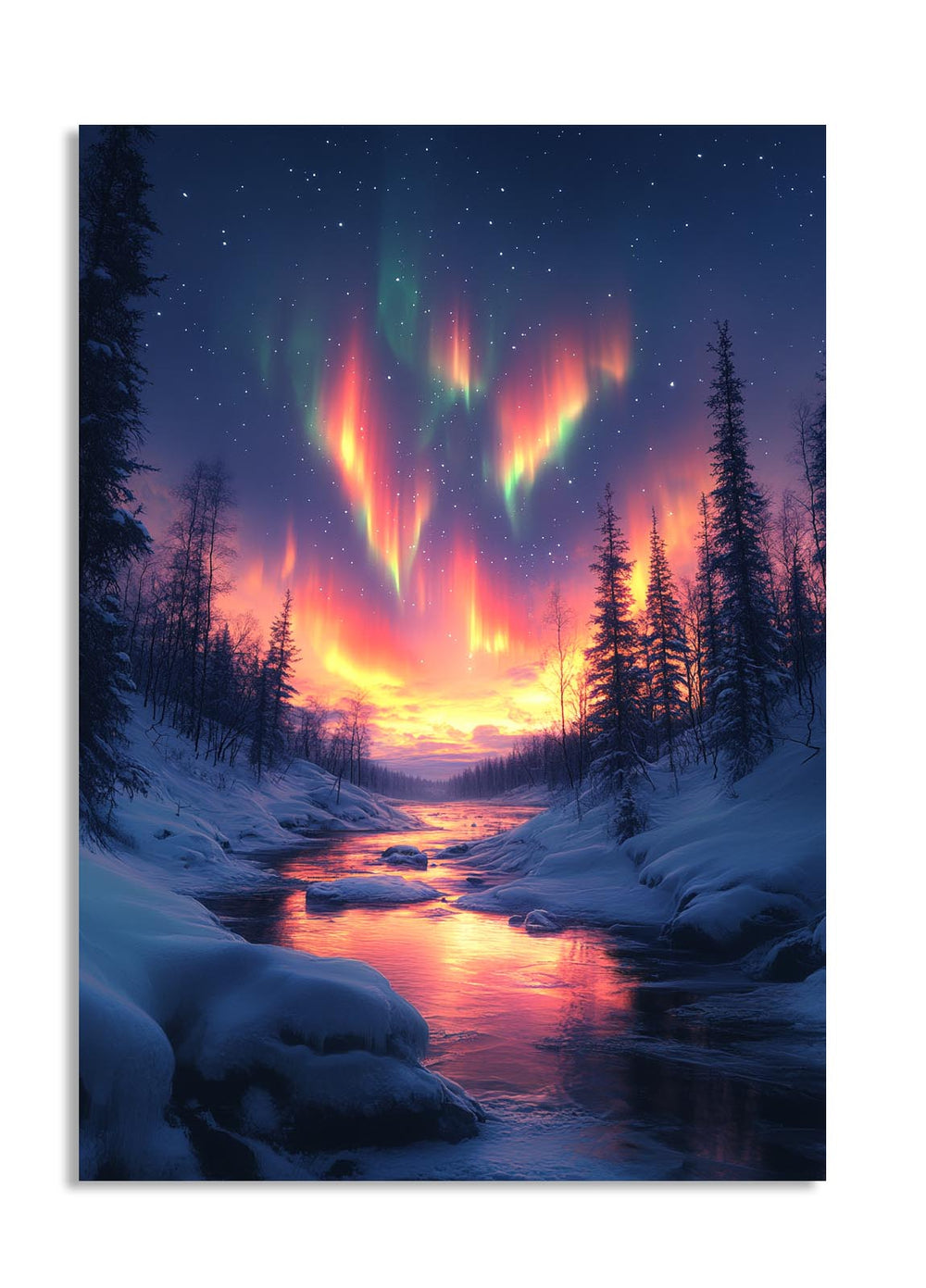 Aurora borealis over a snowy landscape with a stream and trees, as a premium aluminum metal print from GoMetalPrint.
