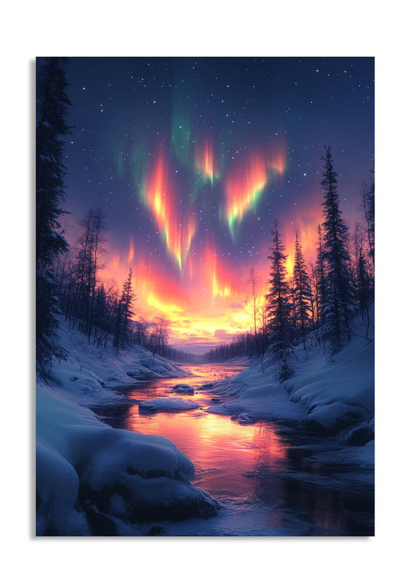 Aurora borealis over a snowy landscape with a stream and trees, as a premium aluminum metal print from GoMetalPrint.
