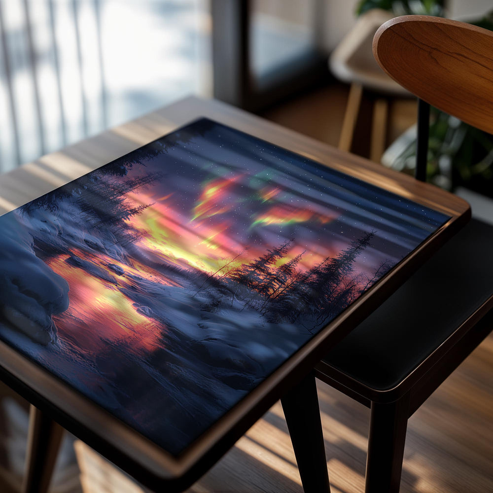 Aurora borealis over a snowy landscape with a stream and trees, as a premium aluminum metal print from GoMetalPrint.
