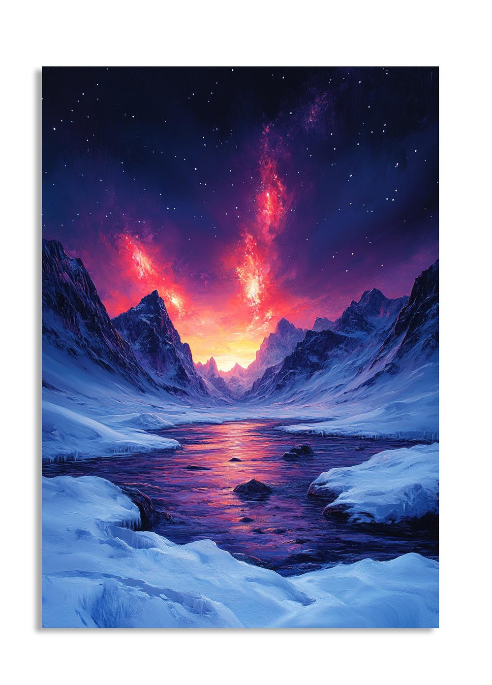 Frozen landscape with a vibrant, fiery sky above a mountain range and lake, as a premium aluminum metal print from GoMetalPrint.
