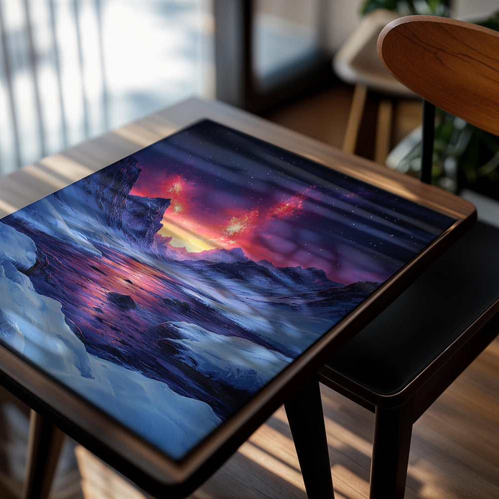 Frozen landscape with a vibrant, fiery sky above a mountain range and lake, as a premium aluminum metal print from GoMetalPrint.
