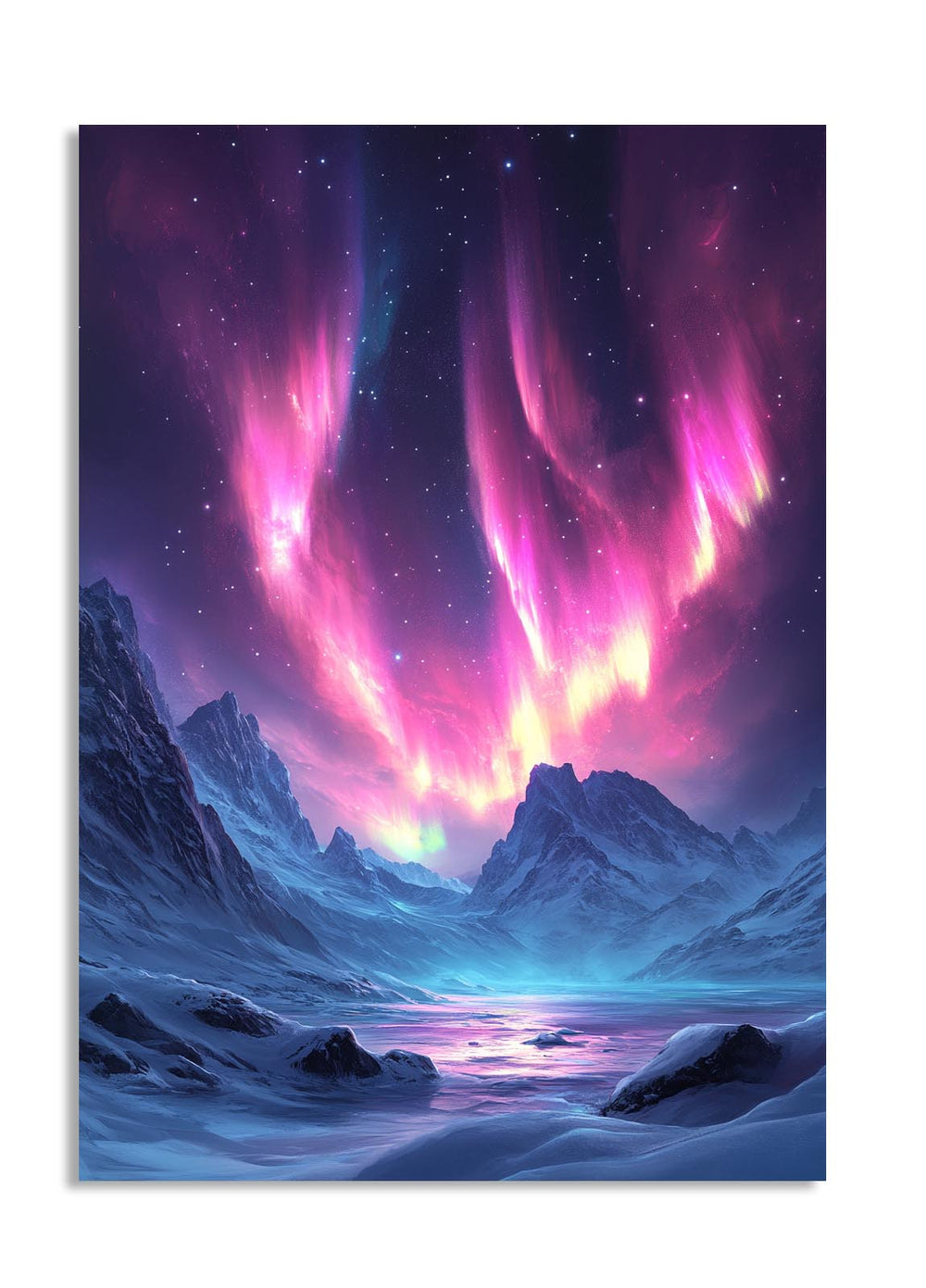 Aurora borealis over a snowy landscape with mountains and a lake, as a premium aluminum metal print from GoMetalPrint.

