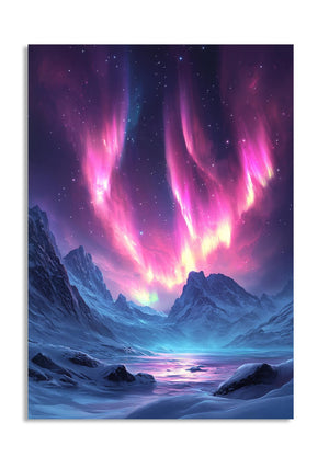 Aurora borealis over a snowy landscape with mountains and a lake, as a premium aluminum metal print from GoMetalPrint.
