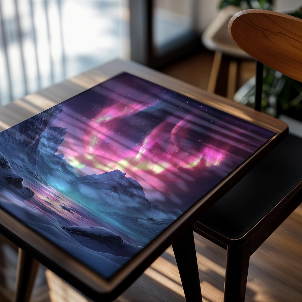 Aurora borealis over a snowy landscape with mountains and a lake, as a premium aluminum metal print from GoMetalPrint.
