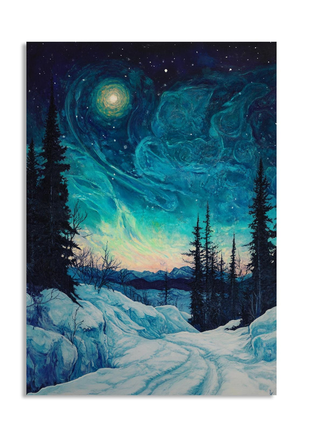 Winter landscape with snowy path, trees, and a starry night sky with Northern Lights, as a premium aluminum metal print from GoMetalPrint.
