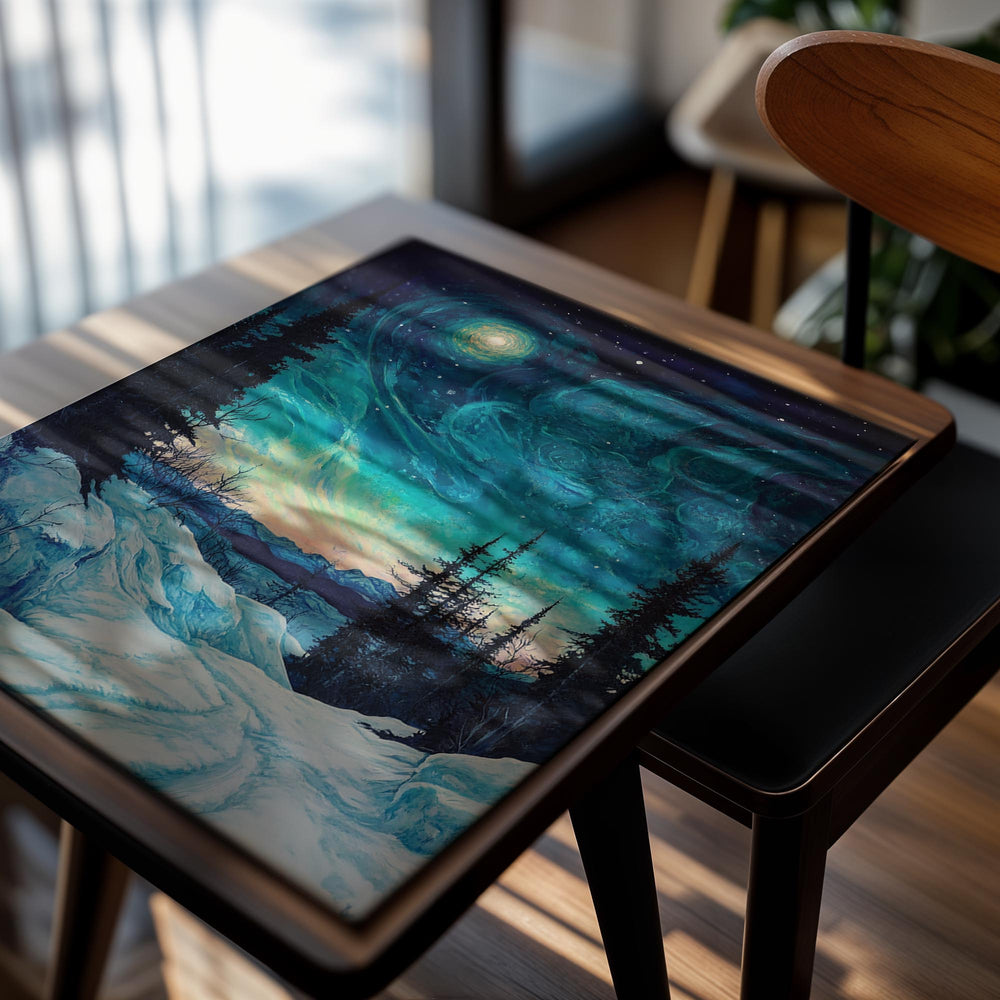 Winter landscape with snowy path, trees, and a starry night sky with Northern Lights, as a premium aluminum metal print from GoMetalPrint.
