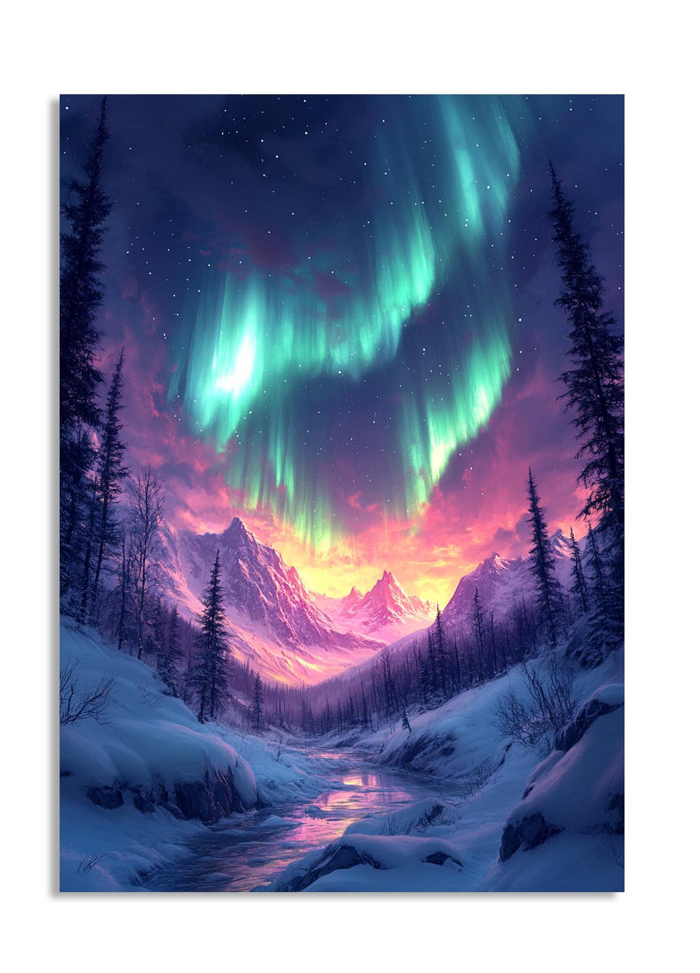Aurora borealis over a snowy landscape with trees and mountains, as a premium aluminum metal print from GoMetalPrint.
