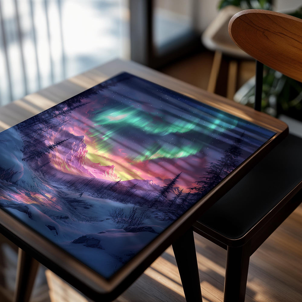 Aurora borealis over a snowy landscape with trees and mountains, as a premium aluminum metal print from GoMetalPrint.
