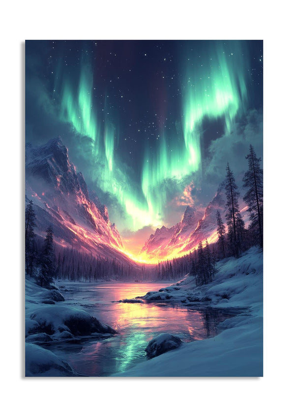 Aurora borealis over a snowy landscape with a river and trees, as a premium aluminum metal print from GoMetalPrint.
