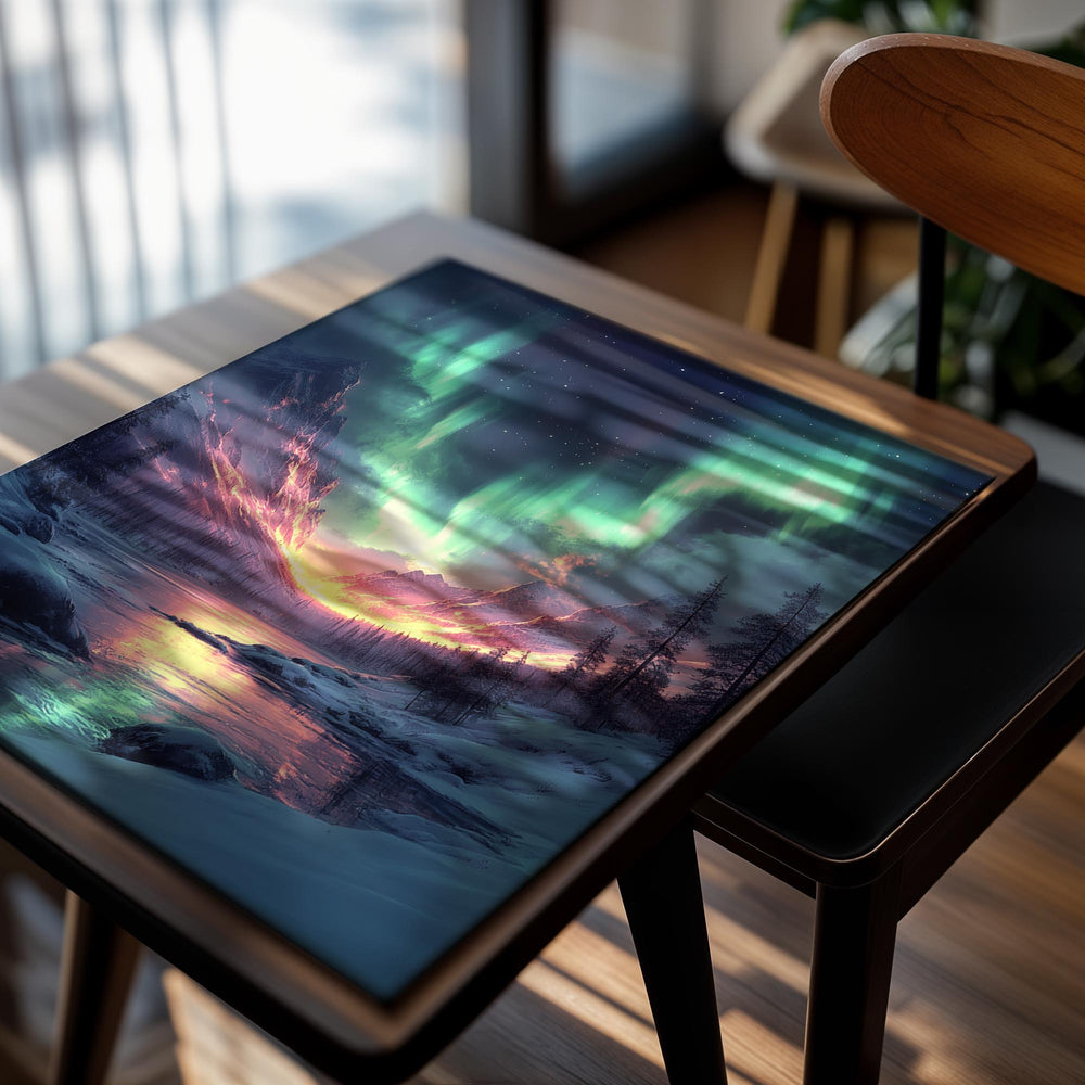 Aurora borealis over a snowy landscape with a river and trees, as a premium aluminum metal print from GoMetalPrint.
