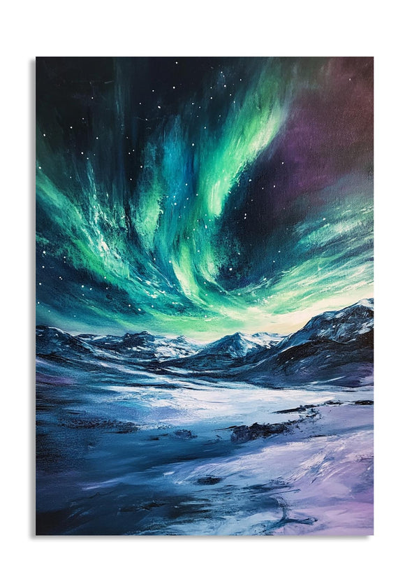 Aurora borealis over a snowy landscape with mountains, as a premium aluminum metal print from GoMetalPrint.
