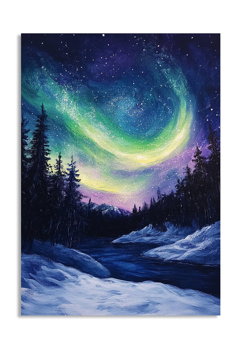 Aurora Borealis over a snowy landscape with trees, as a premium aluminum metal print from GoMetalPrint.
