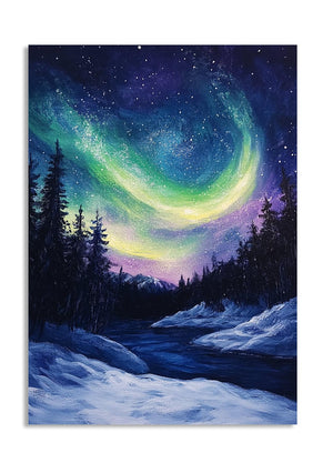 Aurora Borealis over a snowy landscape with trees, as a premium aluminum metal print from GoMetalPrint.
