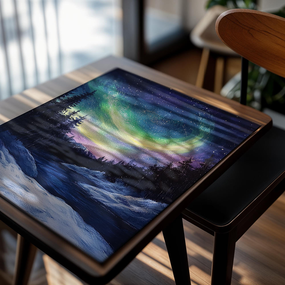 Aurora Borealis over a snowy landscape with trees, as a premium aluminum metal print from GoMetalPrint.
