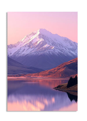 Mountain landscape with a lake at sunset, reflecting the pink and purple hues of the sky, as a premium aluminum metal print from GoMetalPrint.

