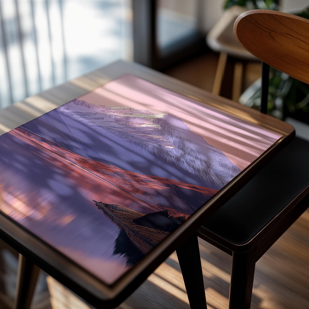 Mountain landscape with a lake at sunset, reflecting the pink and purple hues of the sky, as a premium aluminum metal print from GoMetalPrint.
