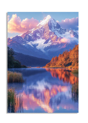Mountain reflection in a lake with pink and purple hues, as a premium aluminum metal print from GoMetalPrint.
