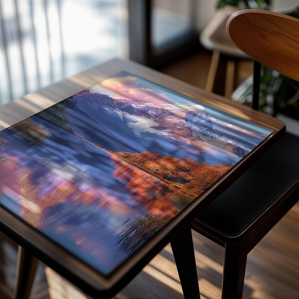 Mountain reflection in a lake with pink and purple hues, as a premium aluminum metal print from GoMetalPrint.
