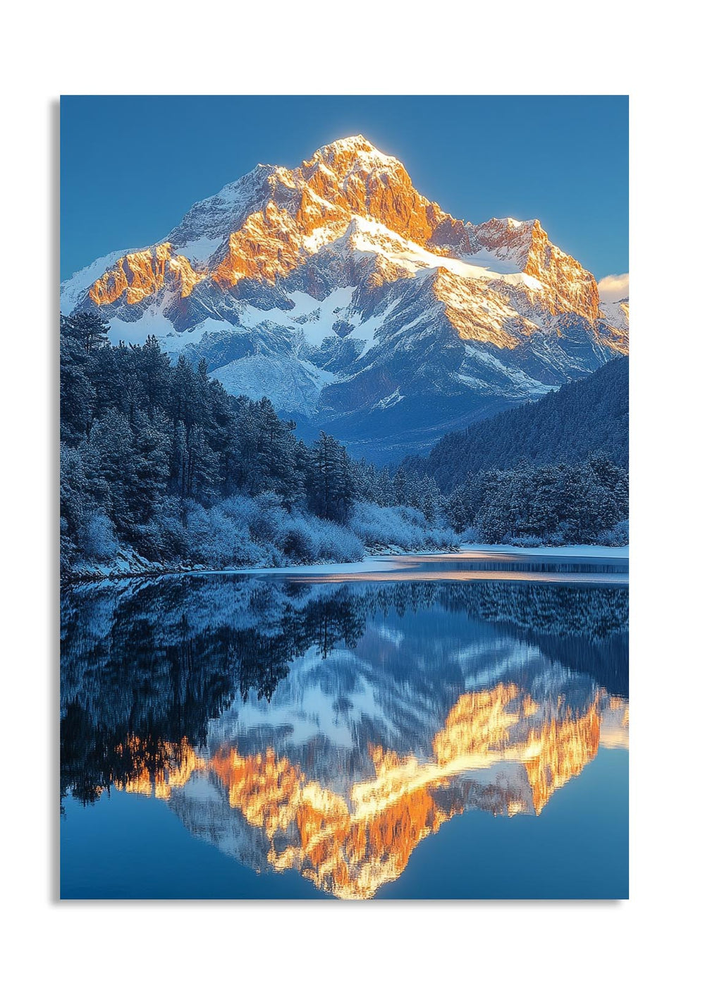 Snow-capped mountain reflecting in a lake with a blue sky, as a premium aluminum metal print from GoMetalPrint.
