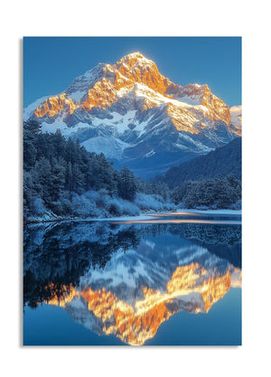 Snow-capped mountain reflecting in a lake with a blue sky, as a premium aluminum metal print from GoMetalPrint.
