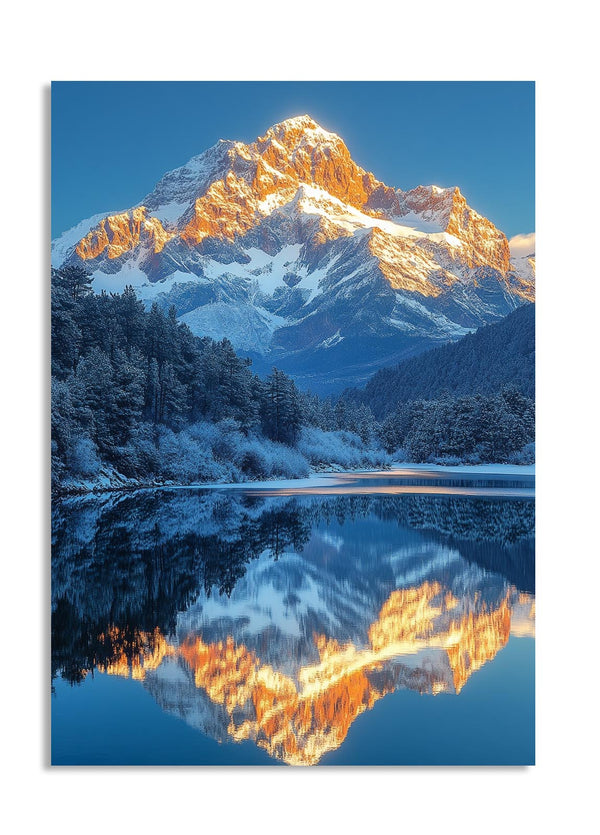 Snow-capped mountain reflecting in a lake with a blue sky, as a premium aluminum metal print from GoMetalPrint.
