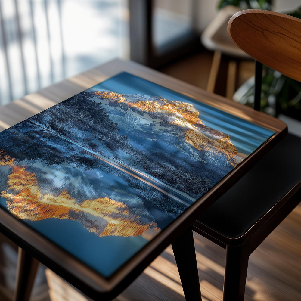 Snow-capped mountain reflecting in a lake with a blue sky, as a premium aluminum metal print from GoMetalPrint.
