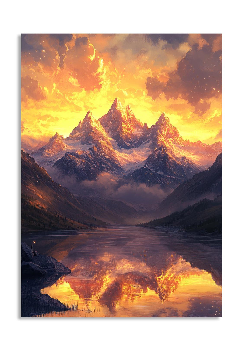 Mountain landscape with a reflective lake and fiery sky, as a premium aluminum metal print from GoMetalPrint.
