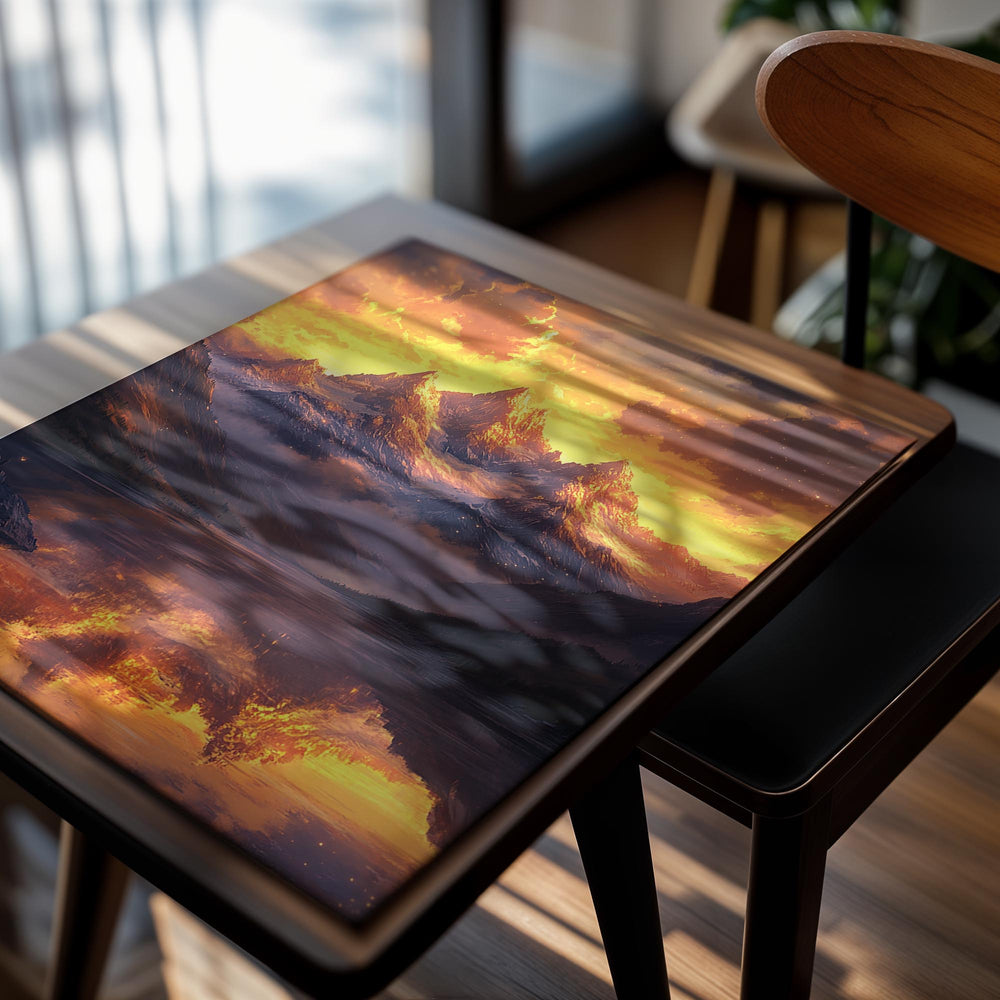 Mountain landscape with a reflective lake and fiery sky, as a premium aluminum metal print from GoMetalPrint.
