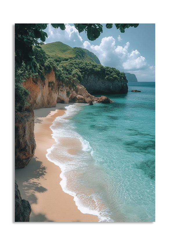 Beach with rocky cliffs and clear blue water, as a premium aluminum metal print from GoMetalPrint.

