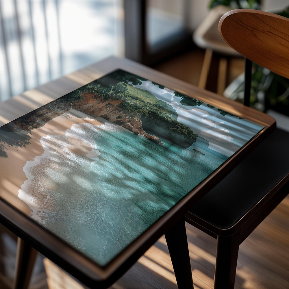 Beach with rocky cliffs and clear blue water, as a premium aluminum metal print from GoMetalPrint.
