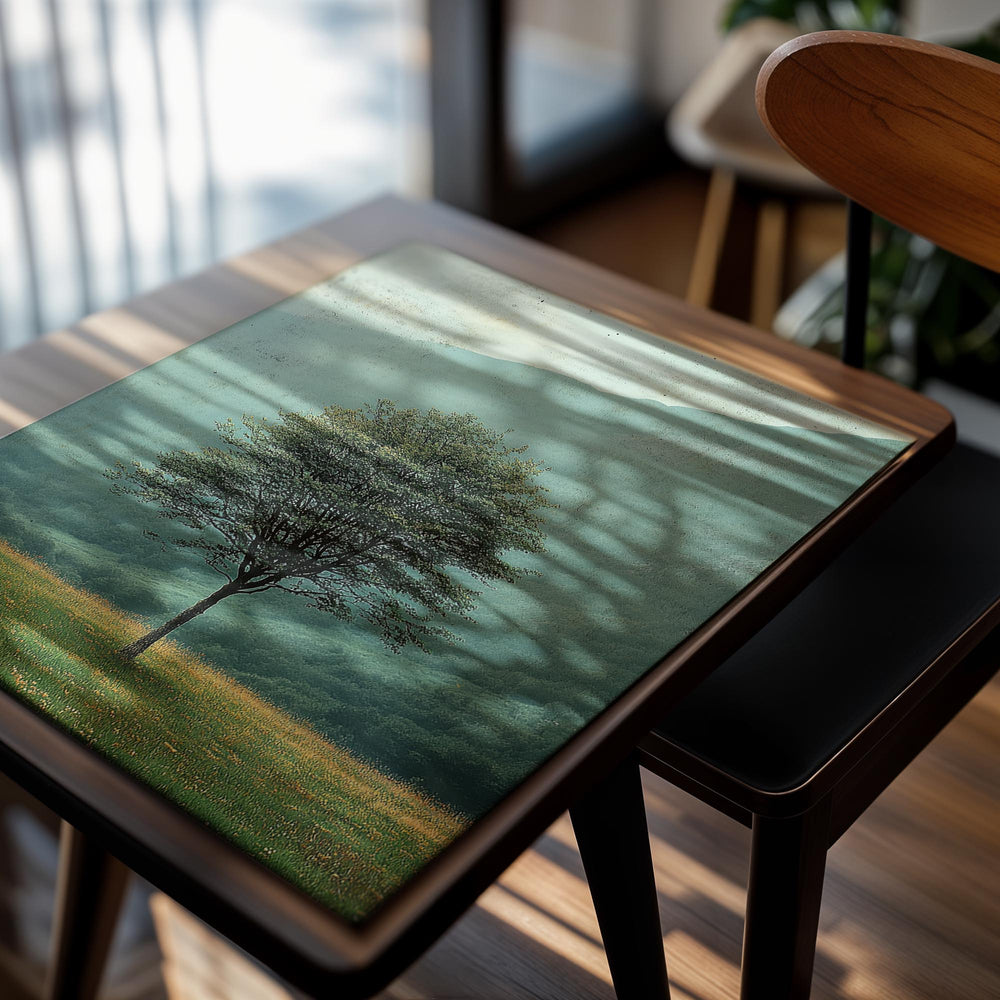 Single tree in a field with misty mountains in the background, as a premium aluminum metal print from GoMetalPrint.
