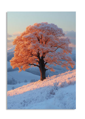 Snow-covered tree on a hillside with a soft blue sky, as a premium aluminum metal print from GoMetalPrint.
