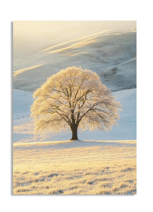 Single tree in a snowy landscape with a warm glow, as a premium aluminum metal print from GoMetalPrint.
