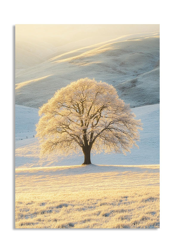 Single tree in a snowy landscape with a warm glow, as a premium aluminum metal print from GoMetalPrint.
