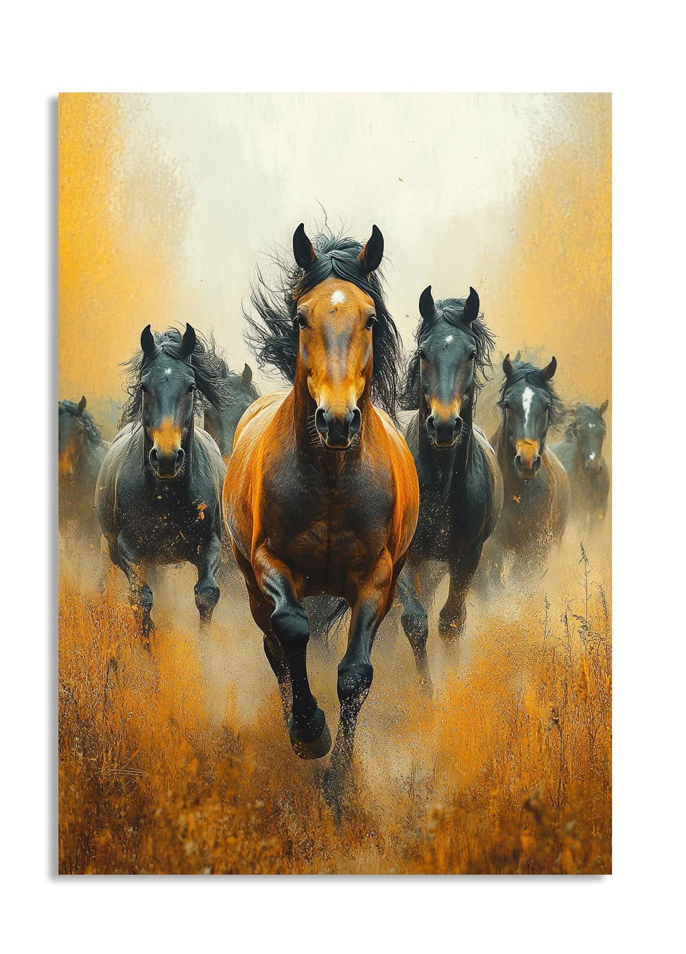 Painting of horses running in a field with a warm color palette, as a premium aluminum metal print from GoMetalPrint.
