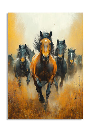 Painting of horses running in a field with a warm color palette, as a premium aluminum metal print from GoMetalPrint.
