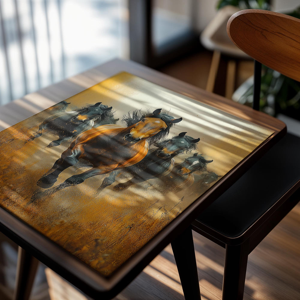 Painting of horses running in a field with a warm color palette, as a premium aluminum metal print from GoMetalPrint.

