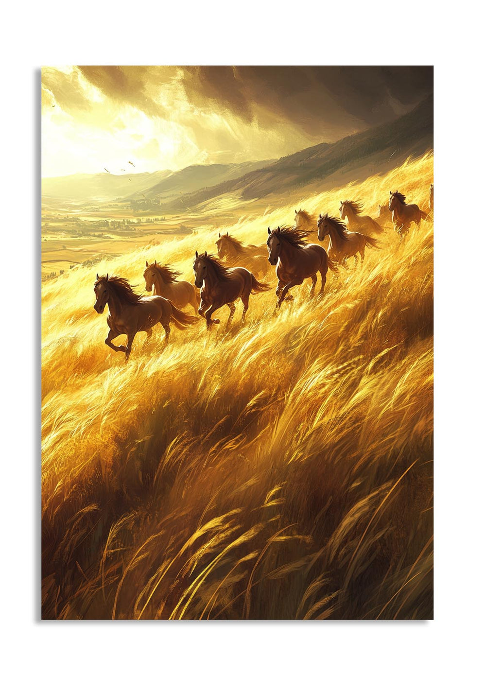 Horses running through a field of tall grass with a sunset in the background, as a premium aluminum metal print from GoMetalPrint.
