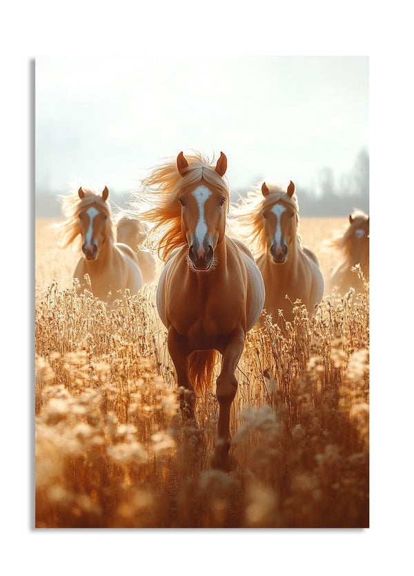 Horses running through a field with a warm, golden glow, as a premium aluminum metal print from GoMetalPrint.
