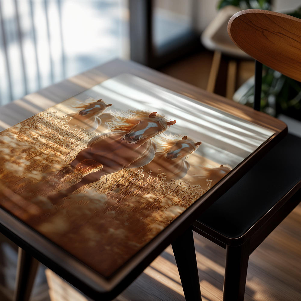 Horses running through a field with a warm, golden glow, as a premium aluminum metal print from GoMetalPrint.
