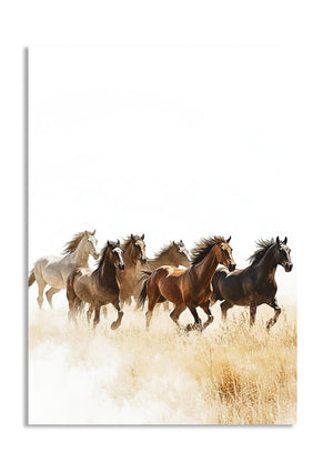 Horses running through a field with a white background, as a premium aluminum metal print from GoMetalPrint.
