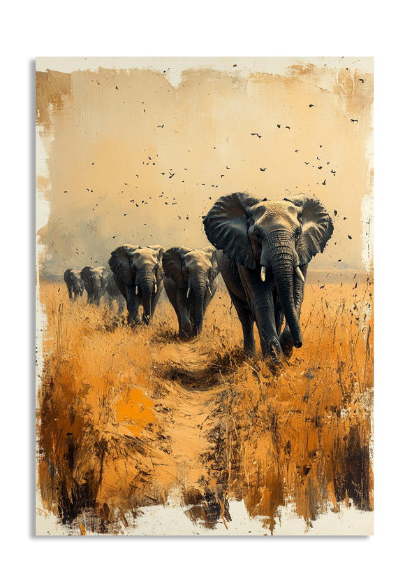 Artistic depiction of elephants walking through a waterhole with a textured background, as a premium aluminum metal print from GoMetalPrint.
