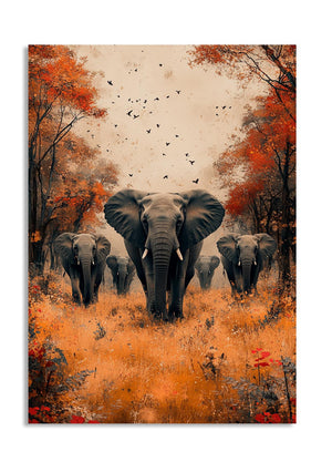 Art print of elephants walking through a forest with autumn colors, as a premium aluminum metal print from GoMetalPrint.
