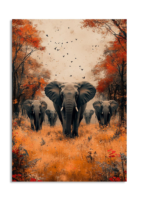 Art print of elephants walking through a forest with autumn colors, as a premium aluminum metal print from GoMetalPrint.
