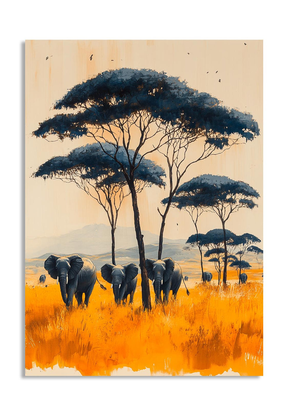 Art print of elephants in a savanna with trees and mountains, as a premium aluminum metal print from GoMetalPrint.
