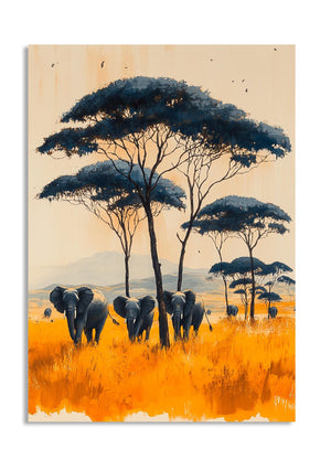 Art print of elephants in a savanna with trees and mountains, as a premium aluminum metal print from GoMetalPrint.
