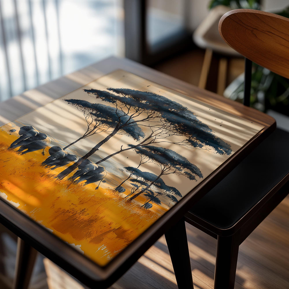 Art print of elephants in a savanna with trees and mountains, as a premium aluminum metal print from GoMetalPrint.
