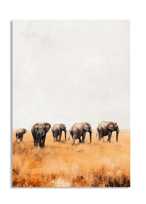 Group of elephants walking on a grassy plain with a white sky, as a premium aluminum metal print from GoMetalPrint.
